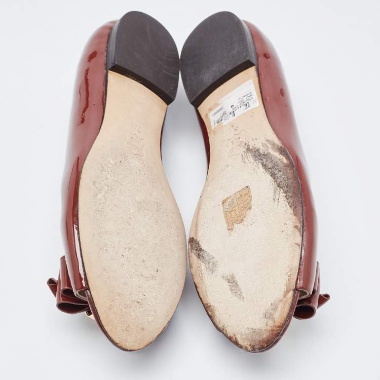 Pre Owned Tory Burch Burgundy Patent Peep Toe Ballet Flats Size 37.5