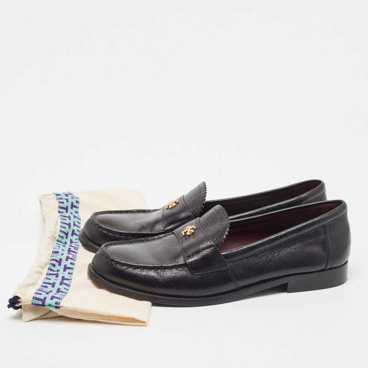 Pre Owned Tory Burch Black Leather Loafers Size 39