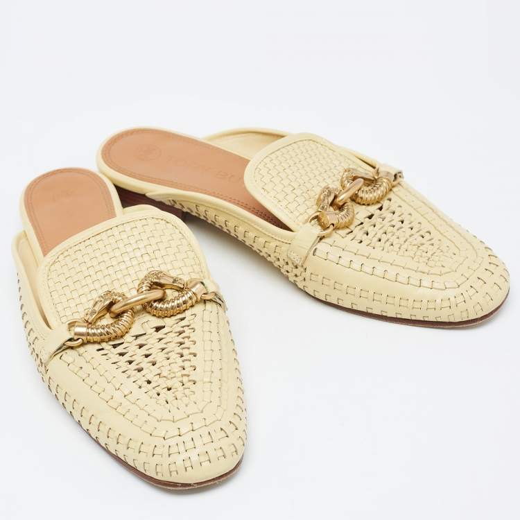 Pre Owned Tory Burch Yellow Woven Leather Loafer Mules Size 38.5 