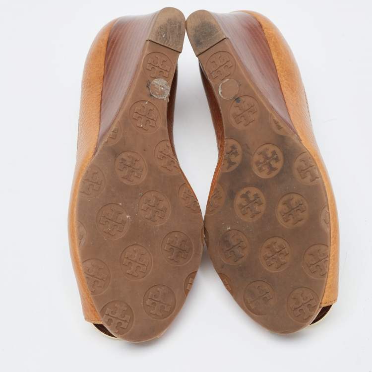 Pre Owned Tory Burch Tan Leather Sally Wedge Pumps Size 36.5