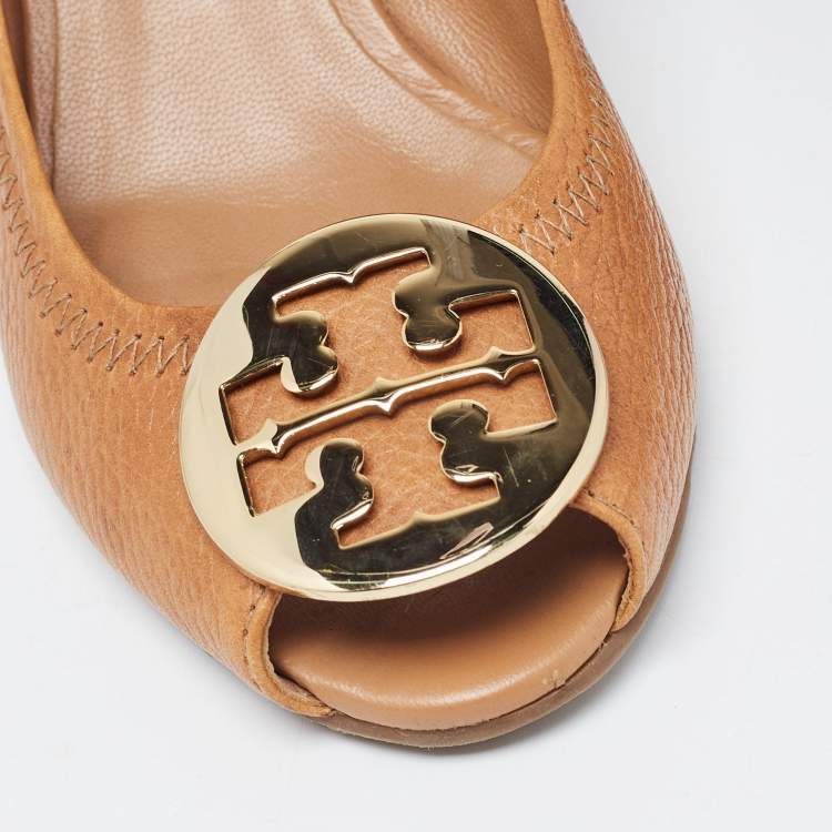 Pre Owned Tory Burch Tan Leather Sally Wedge Pumps Size 36.5