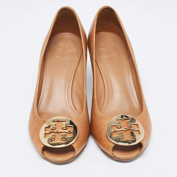 Pre Owned Tory Burch Tan Leather Sally Wedge Pumps Size 36.5