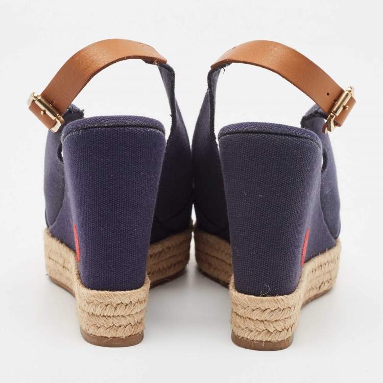 مملوكة مسبقًا Tory Burch Navy Blue Denim Espadrille Wedge Sandals Size 38.5