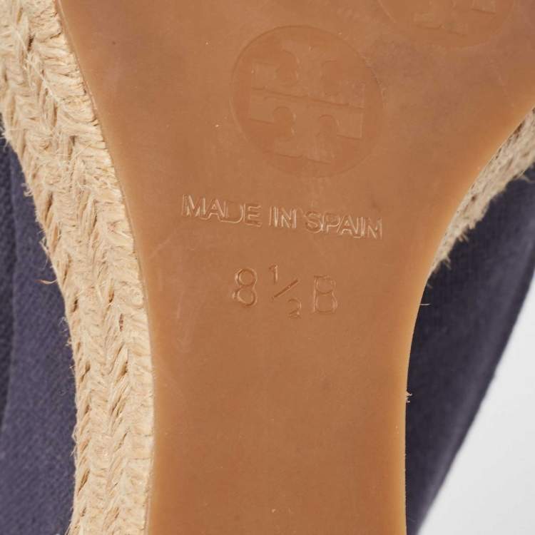 مملوكة مسبقًا Tory Burch Navy Blue Denim Espadrille Wedge Sandals Size 38.5
