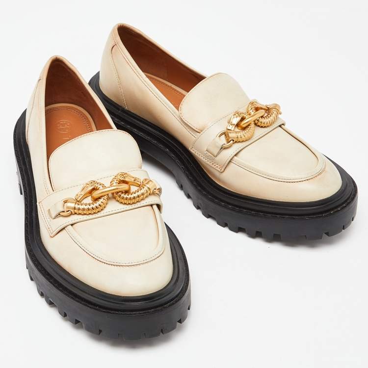Pre Owned Tory Burch Beige Leather Platform Loafers Size 36.5