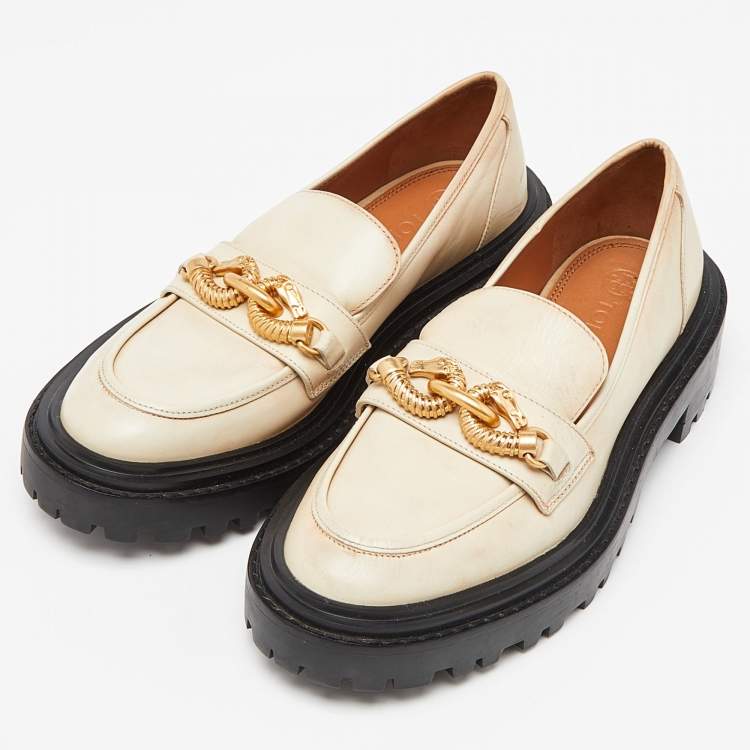 Pre Owned Tory Burch Beige Leather Platform Loafers Size 36.5
