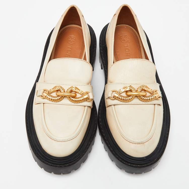 Pre Owned Tory Burch Beige Leather Platform Loafers Size 36.5