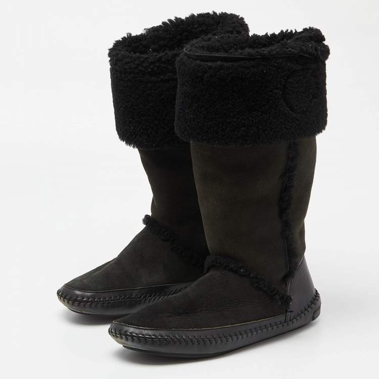 Pre Owned Tory Burch Olive Green/Black Suede and Leather Knee Length Snow Boots Size 39