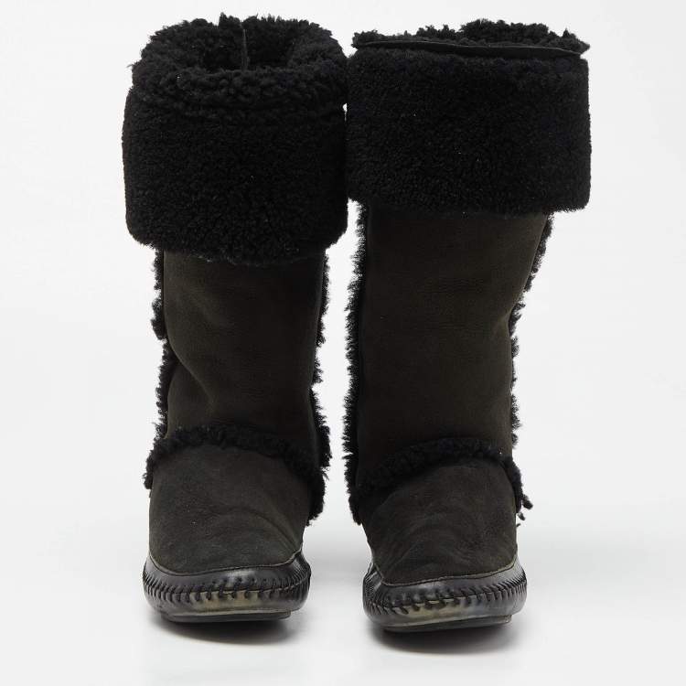 Pre Owned Tory Burch Olive Green/Black Suede and Leather Knee Length Snow Boots Size 39