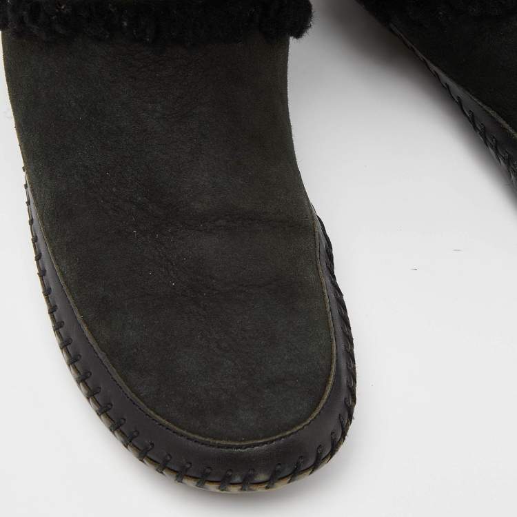 Pre Owned Tory Burch Olive Green/Black Suede and Leather Knee Length Snow Boots Size 39