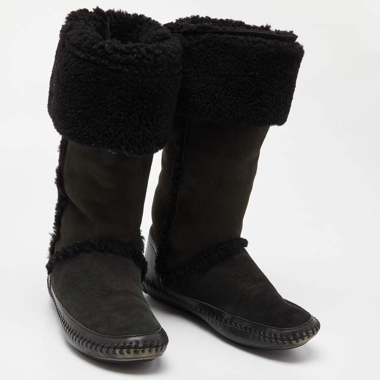 Pre Owned Tory Burch Olive Green/Black Suede and Leather Knee Length Snow Boots Size 39