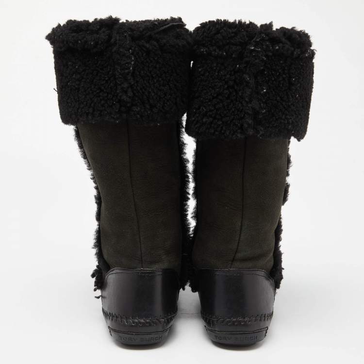 Pre Owned Tory Burch Olive Green/Black Suede and Leather Knee Length Snow Boots Size 39