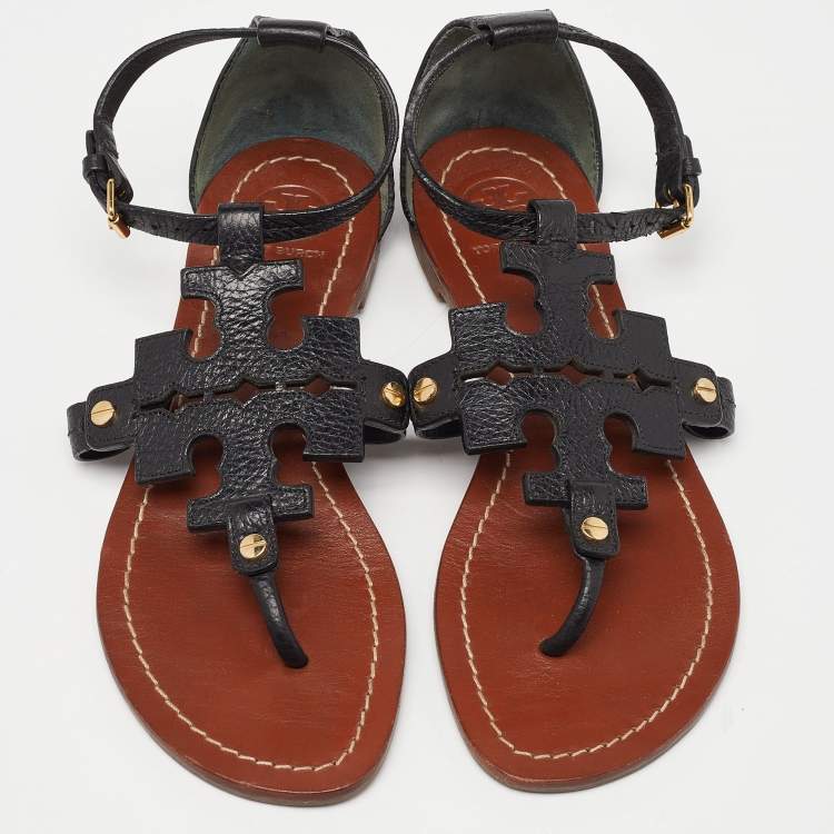 Pre Owned Tory Burch Black Leather Phoebe Flat Sandals Size 37.5