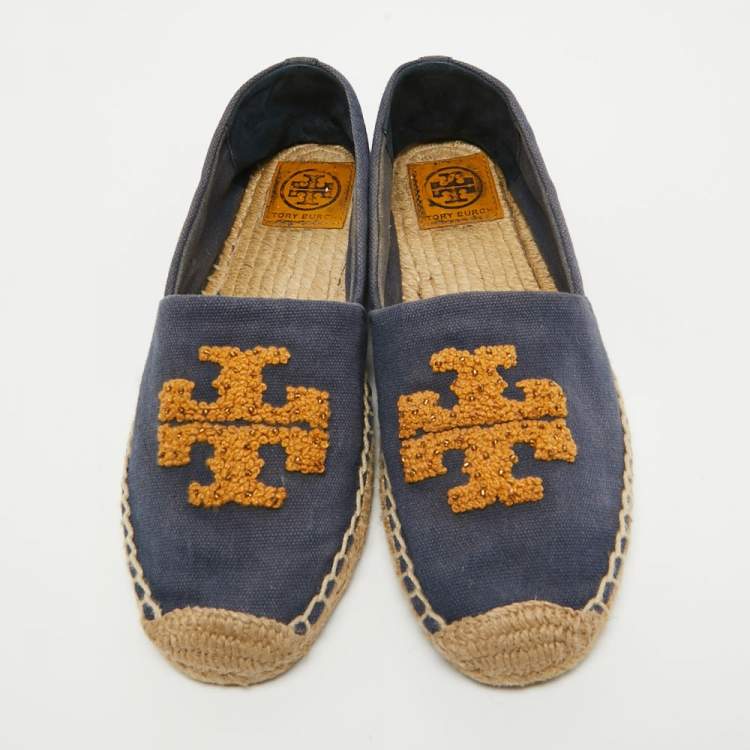 Pre Owned Tory Burch Blue Canvas Weston Espadrille Flats Size 37.5