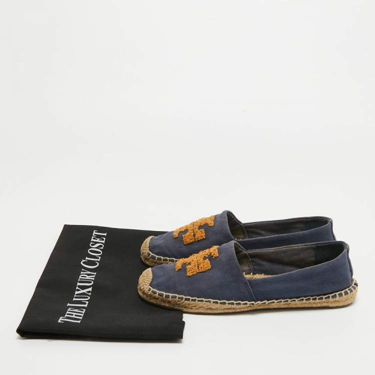 Pre Owned Tory Burch Blue Canvas Weston Espadrille Flats Size 37.5