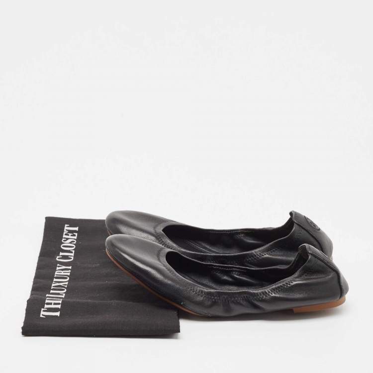 Pre Owned Tory Burch Black Leather Scrunch Ballet Flats Size 38.5