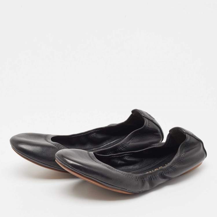 Pre Owned Tory Burch Black Leather Scrunch Ballet Flats Size 38.5