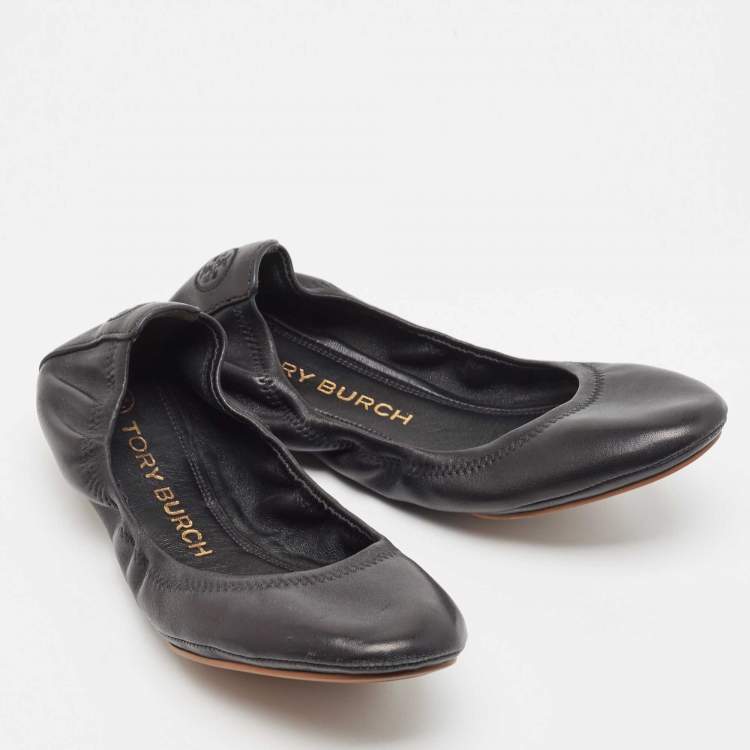 Pre Owned Tory Burch Black Leather Scrunch Ballet Flats Size 38.5