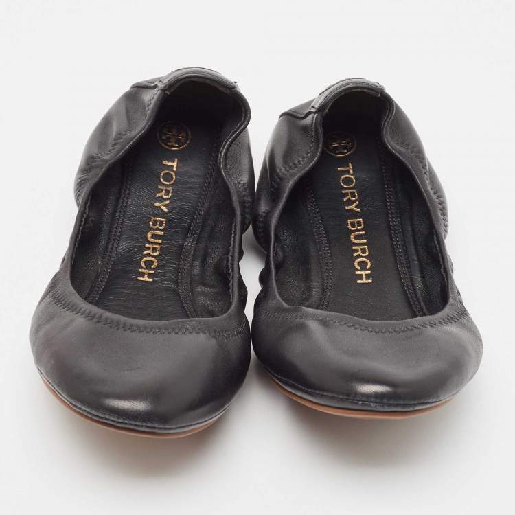 Pre Owned Tory Burch Black Leather Scrunch Ballet Flats Size 38.5