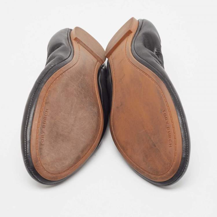 Pre Owned Tory Burch Black Leather Scrunch Ballet Flats Size 38.5