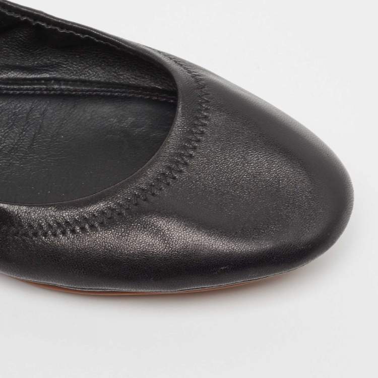Pre Owned Tory Burch Black Leather Scrunch Ballet Flats Size 38.5