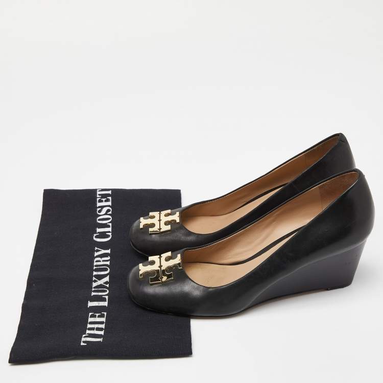Pre Owned Tory Burch Black Leather Wedge Pumps Size 36.5
