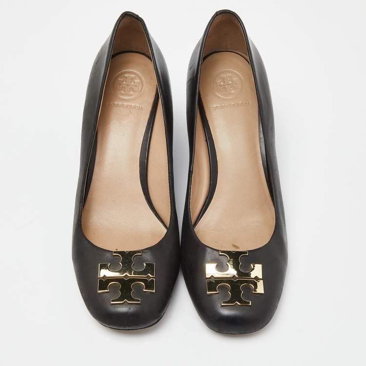 Pre Owned Tory Burch Black Leather Wedge Pumps Size 36.5
