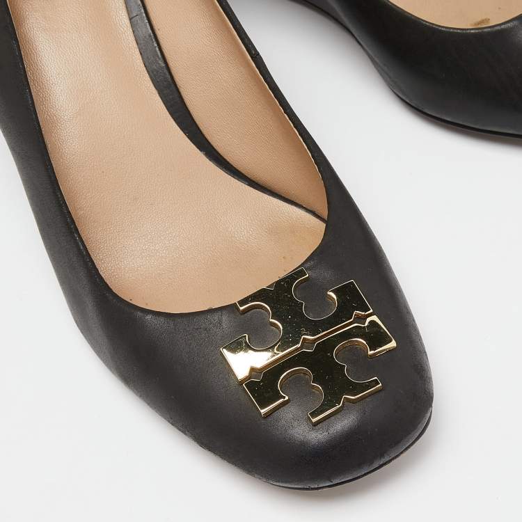 Pre Owned Tory Burch Black Leather Wedge Pumps Size 36.5
