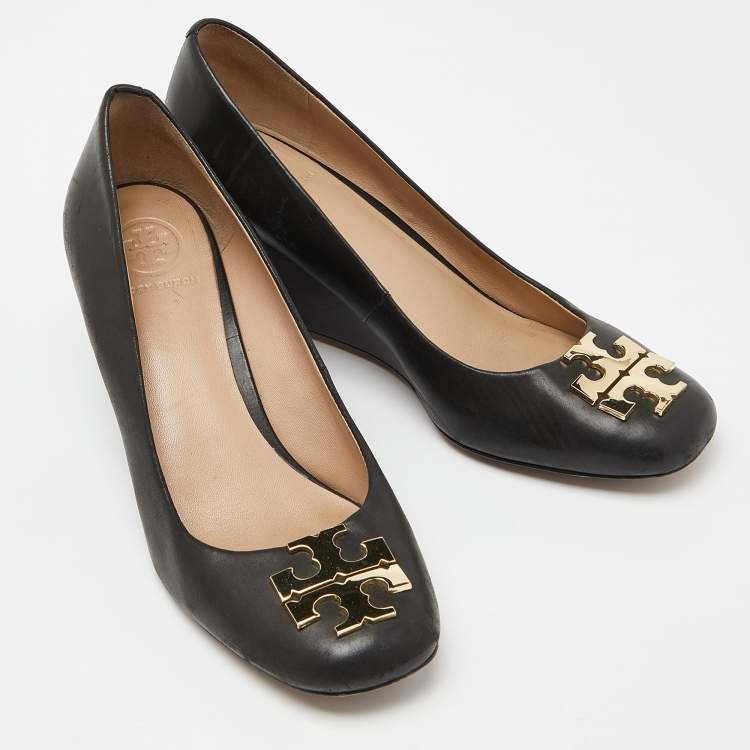 Pre Owned Tory Burch Black Leather Wedge Pumps Size 36.5