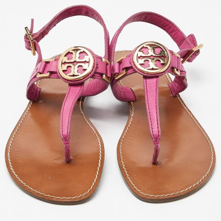 Pre Owned Tory Burch Pink Leather Logo Detail Thong Slingback Flat Sandals Size 41