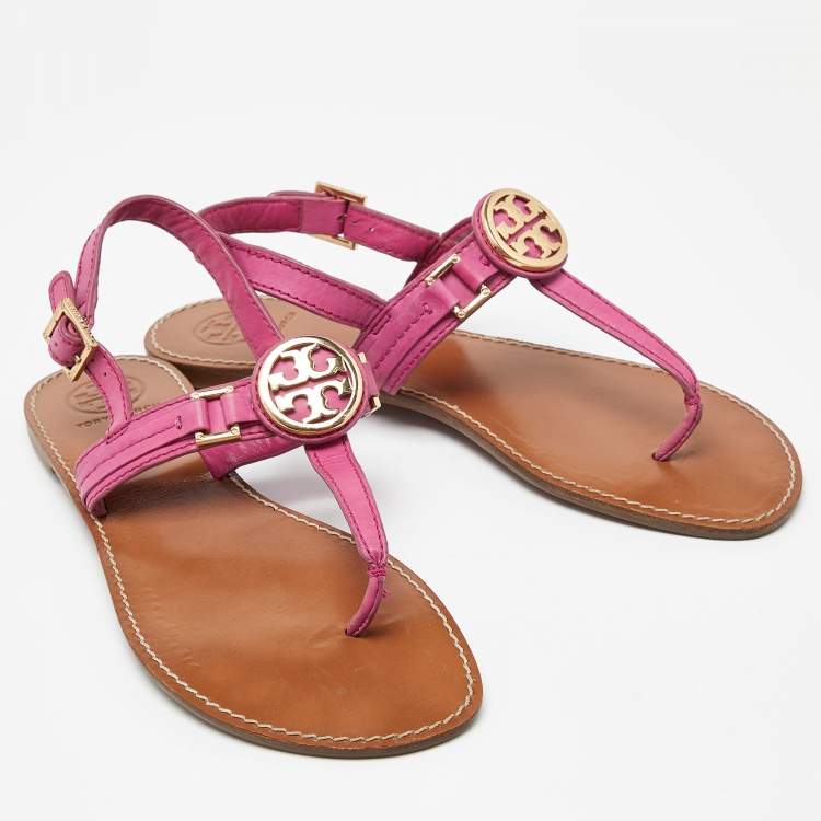 Pre Owned Tory Burch Pink Leather Logo Detail Thong Slingback Flat Sandals Size 41