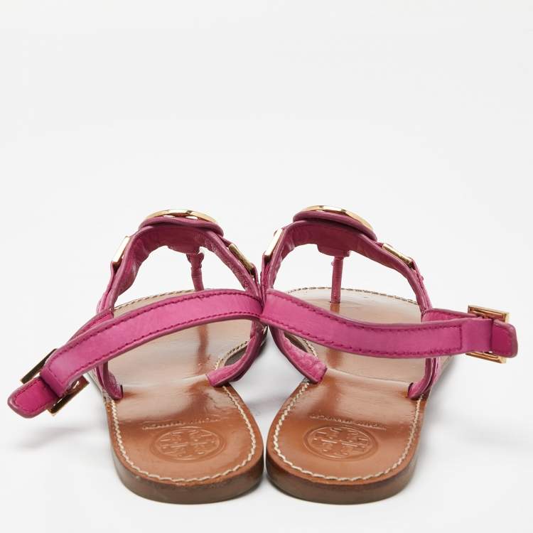 Pre Owned Tory Burch Pink Leather Logo Detail Thong Slingback Flat Sandals Size 41