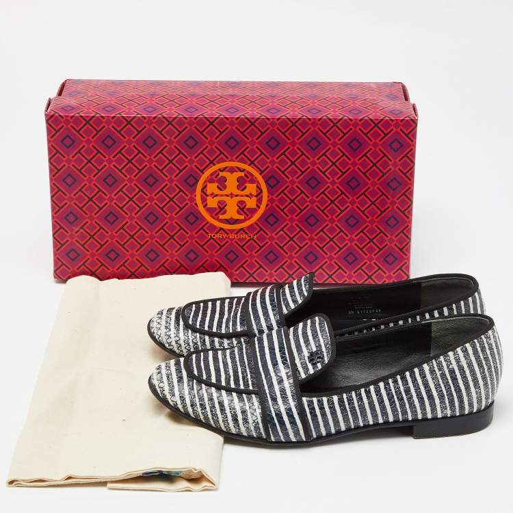 Pre Owned Tory Burch Blue/White Stripe Snakeskin Embossed Leather Smoking Slippers Size 38