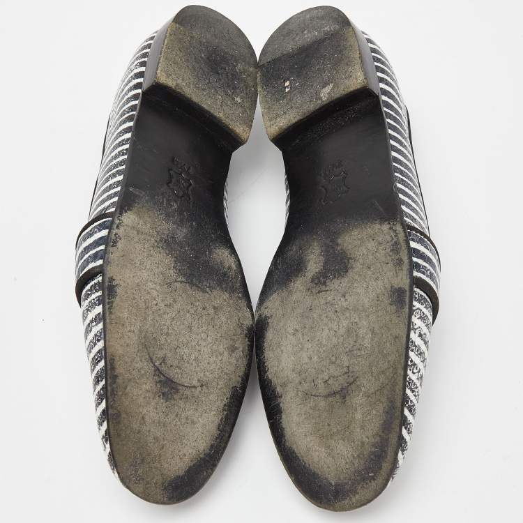 Pre Owned Tory Burch Blue/White Stripe Snakeskin Embossed Leather Smoking Slippers Size 38
