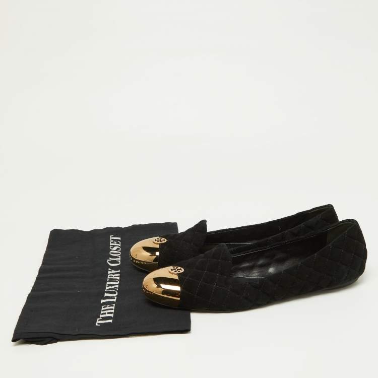 Pre Owned Tory Burch Black Quilted Suede Kaitlin Ballet Flats Size 41.5 