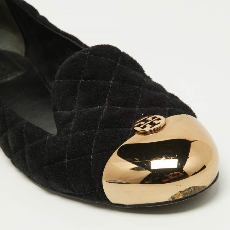 Pre Owned Tory Burch Black Quilted Suede Kaitlin Ballet Flats Size 41.5 