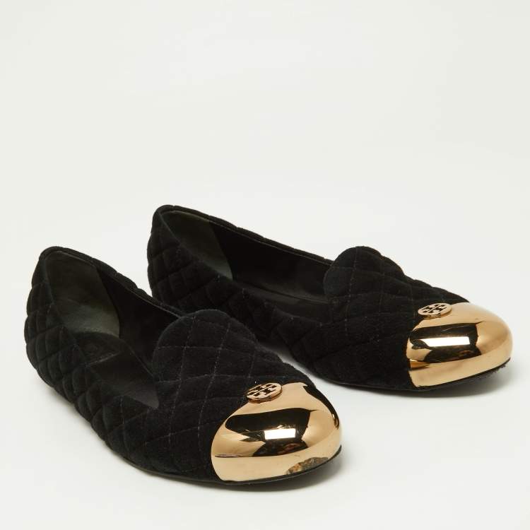Pre Owned Tory Burch Black Quilted Suede Kaitlin Ballet Flats Size 41.5 