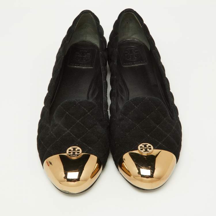 Pre Owned Tory Burch Black Quilted Suede Kaitlin Ballet Flats Size 41.5 