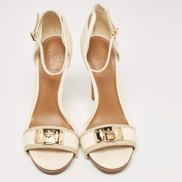 Pre Owned Tory Burch White Leather and Canvas Lock Ankle Strap Sandals Size 38.5