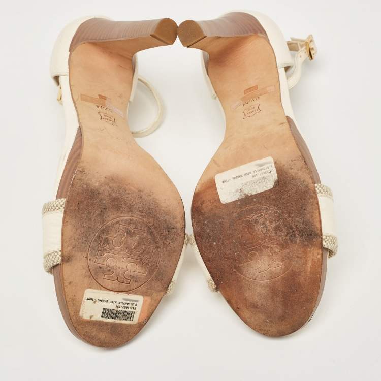 Pre Owned Tory Burch White Leather and Canvas Lock Ankle Strap Sandals Size 38.5