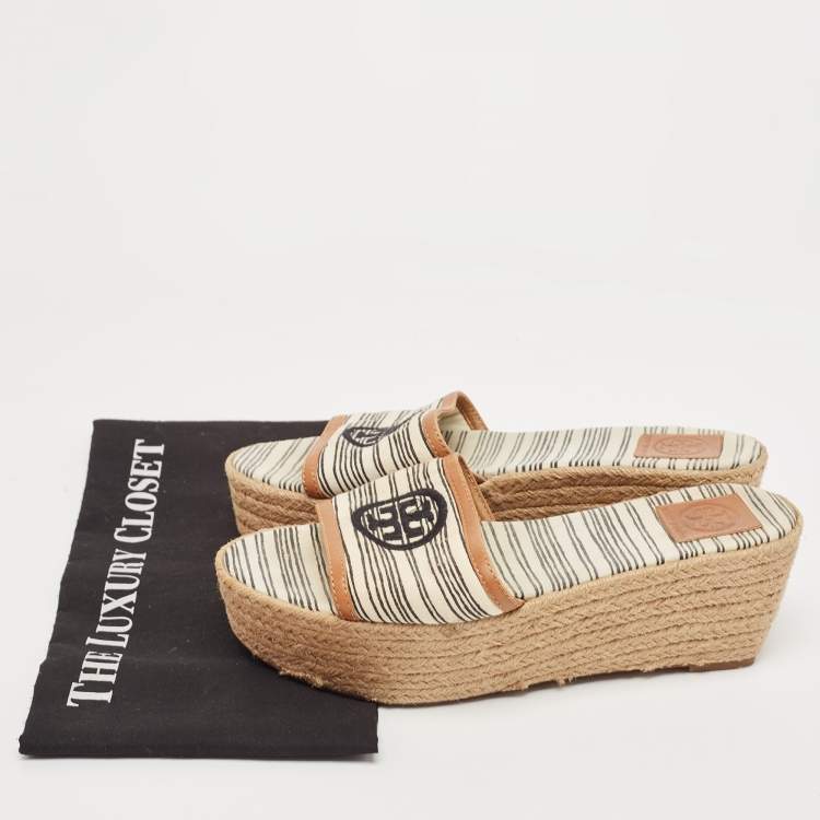 مملوكة مسبقًا Tory Burch White/Brown Canvas and Leather Espadrille Platform Wedge Slide Sandals Size 37.5