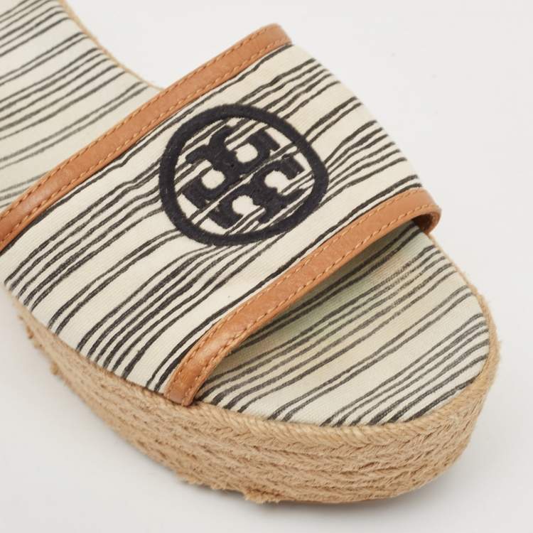 مملوكة مسبقًا Tory Burch White/Brown Canvas and Leather Espadrille Platform Wedge Slide Sandals Size 37.5