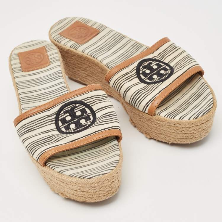 مملوكة مسبقًا Tory Burch White/Brown Canvas and Leather Espadrille Platform Wedge Slide Sandals Size 37.5