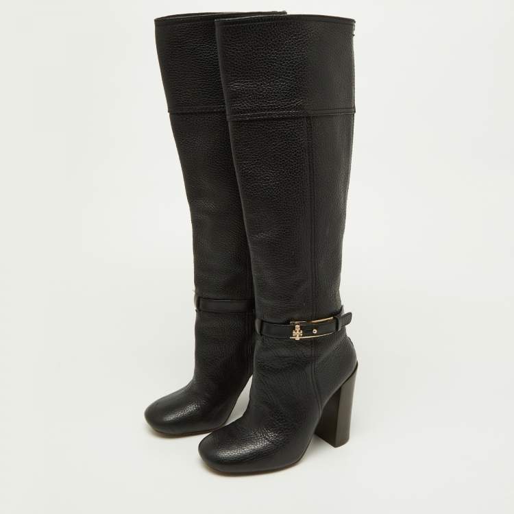 Pre Owned Tory Burch Black Leather Knee Length Boots Size 35.5