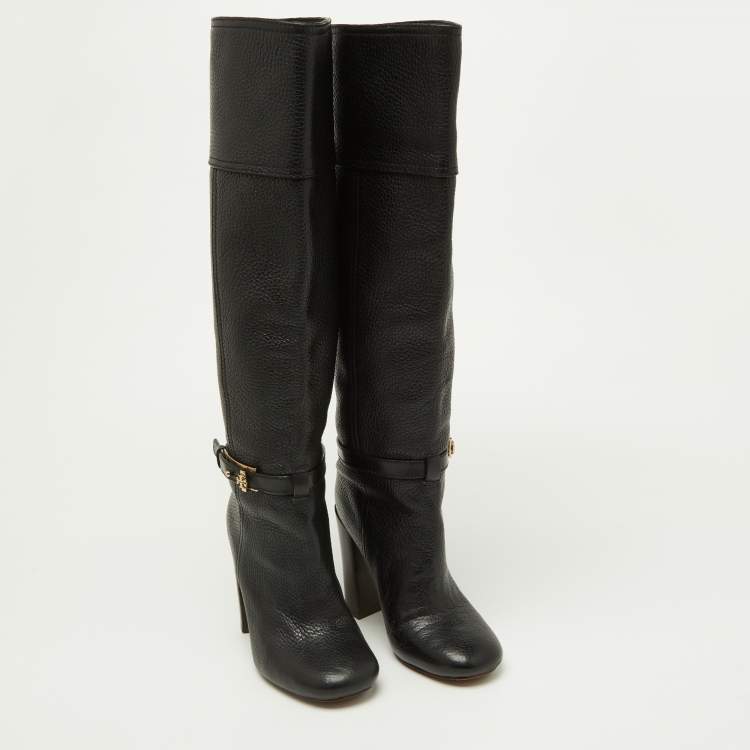Pre Owned Tory Burch Black Leather Knee Length Boots Size 35.5