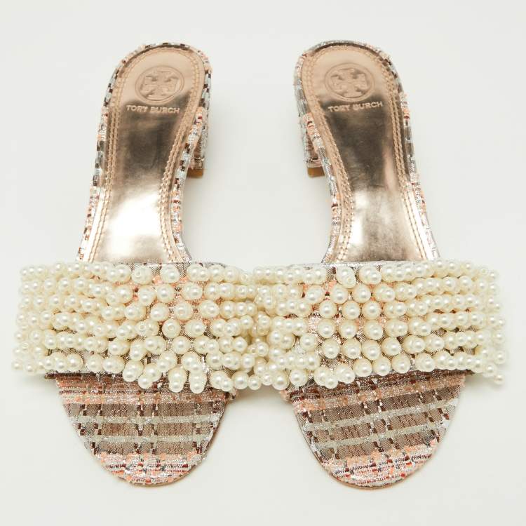 Pre Owned Tory Burch Silver/Peach Lurex Fabric Pearl Embellished Slide Sandal Size 38