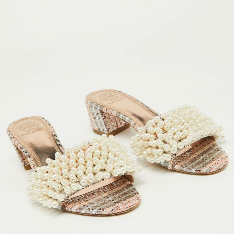 Pre Owned Tory Burch Silver/Peach Lurex Fabric Pearl Embellished Slide Sandal Size 38