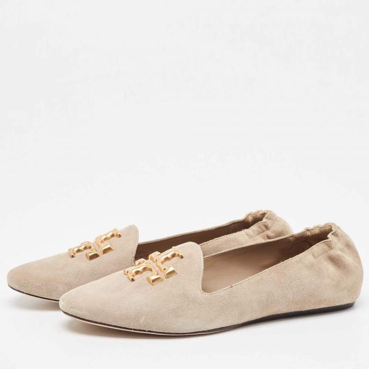 Pre Owned Tory Burch Beige Suede Scrunch Loafers Size 40.5