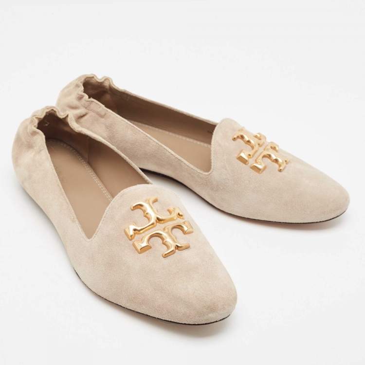 Pre Owned Tory Burch Beige Suede Scrunch Loafers Size 40.5