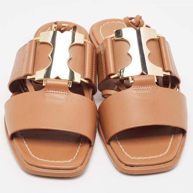 Pre Owned Tory Burch Brown Leather Gemini Link Flat Sandals Size 37.5